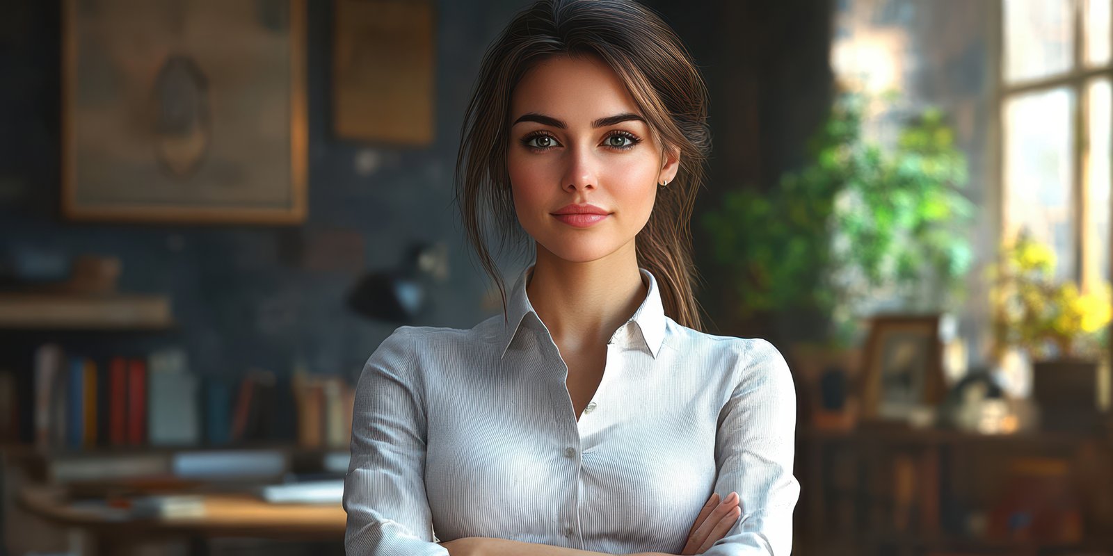 Young woman with long dark hair confidently standing in a well-lit room filled with books and plants during daytime hours